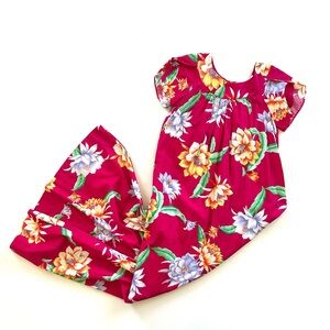 Hilo Hattie Hawaii Dark Magenta Pink Floral Tulip Sleeve Cotton Muumuu Dress